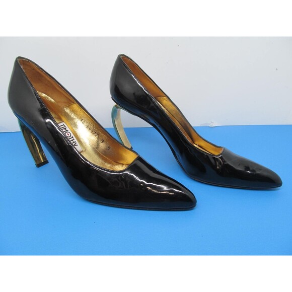 Timothy Hitsman Womens Black Leather Metal Heel Pumps Size 9 M Made In Spain - Picture 1 of 16